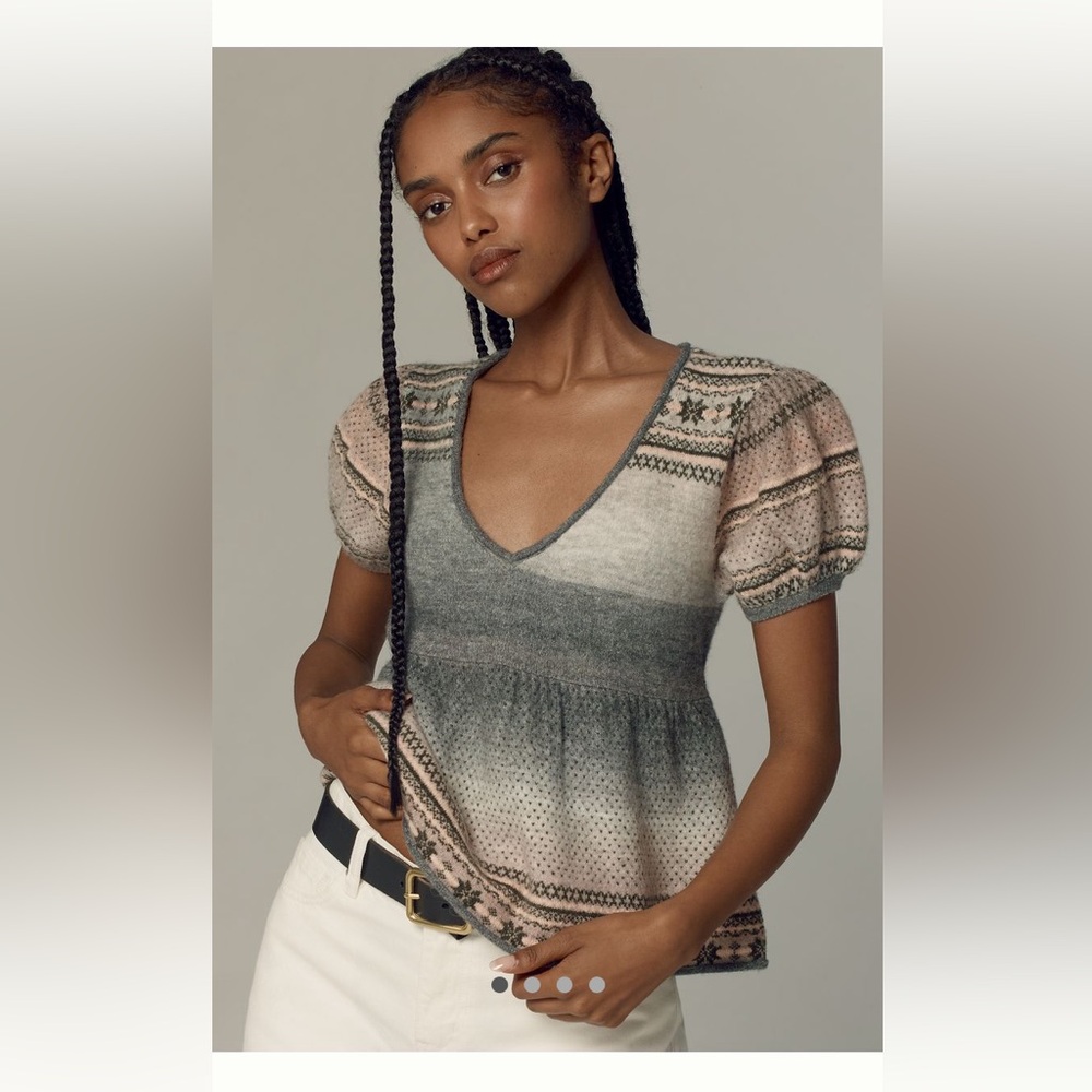 Anthropologie Ombre Knit V-Neck Sweater Top in Gray and Blush